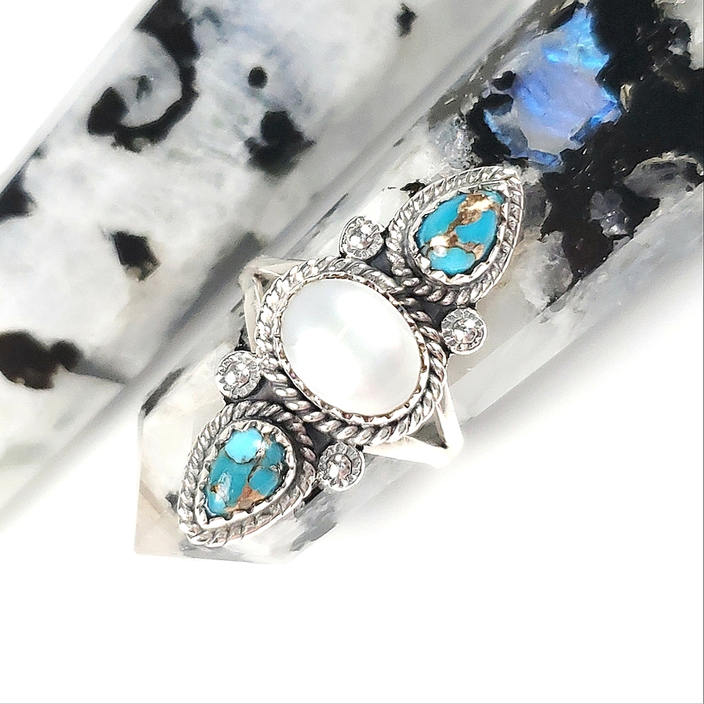 Sterling Silver Blue Copper Turquoise and Pearl Ring Size 6.5